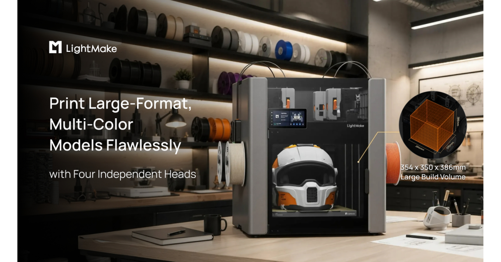 A large format 3D printer with a helmet inside, on a desk in a workshop.
